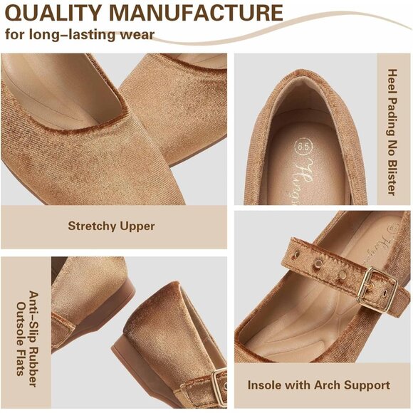 Women Velvet Brown Polyurethane (PU) Closed Toe Strap Buckle Ballerina Flats - Picture 2 of 5